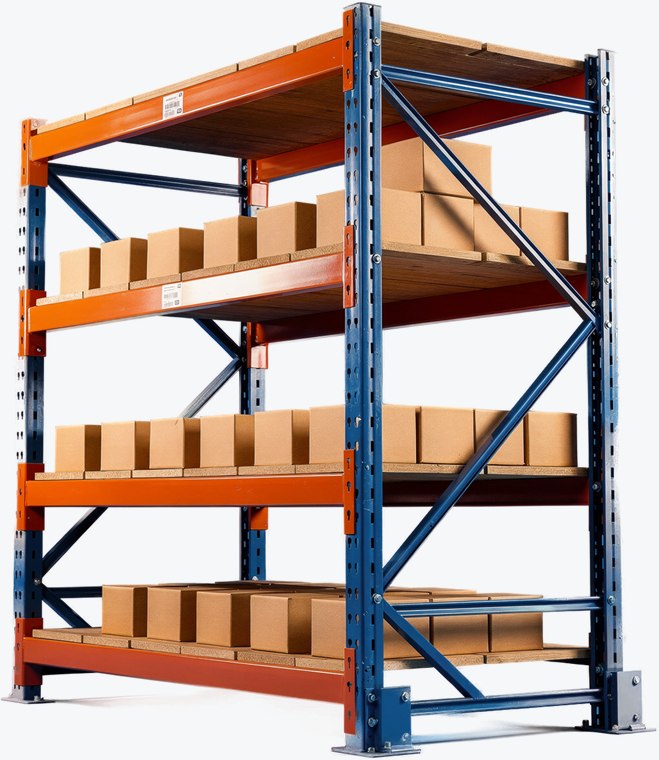 Porta-paletes de quatro níveis carregado com paletes